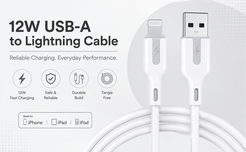 يوبلو كابل شحن UBLUE لأجهزة iPhone، من USB-A إلى Lightning، مصنوع من السيليكون، بطول 1 متر، للشحن ونقل البيانات، باللون الأبيض، متوافق مع أجهزة iPhone 12/13/14 Pro/Plus/Pro Max، وجميع سلاسل iPhone من 8 إلى 13، وأجهزة iPad. - Image 3