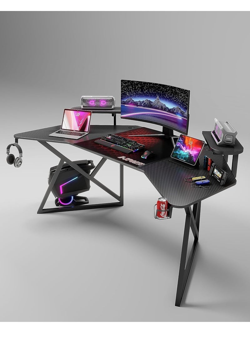Zoom Plus First Gaming Table With Light Gaming Desk for Professional Multiple Size 120cm * 180cm with Carbon Fiber Surface, Gaming Table with Headphone Hook and Cup Holder (Black)  - Image 1