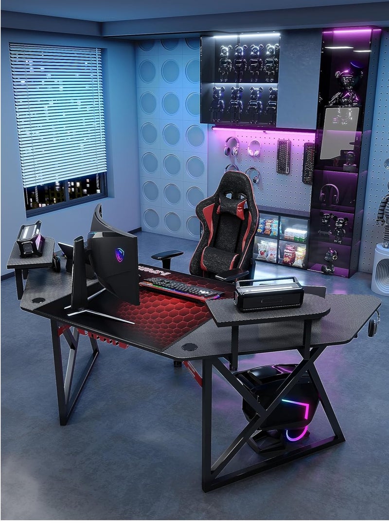 Zoom Plus First Gaming Table With Light Gaming Desk for Professional Multiple Size 120cm * 180cm with Carbon Fiber Surface, Gaming Table with Headphone Hook and Cup Holder (Black)  - Image 3