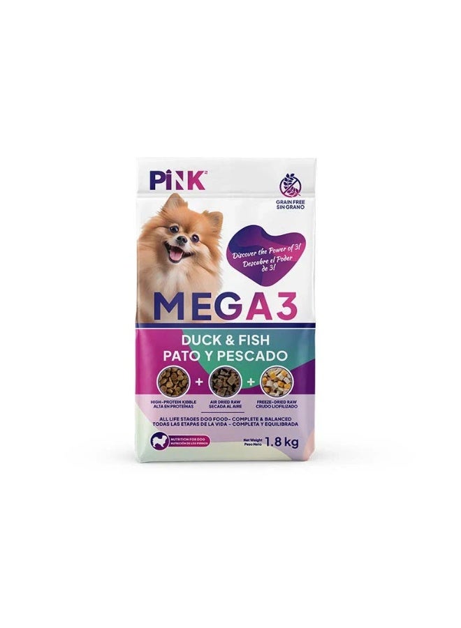 بينك طعام الكلاب الجاف "بينك ميغا 3" (Pink MEGA3) الخالي من الحبوب بنكهة البط والسمك (1.8 كجم) - تغذية متكاملة لجميع السلالات. - Image 1