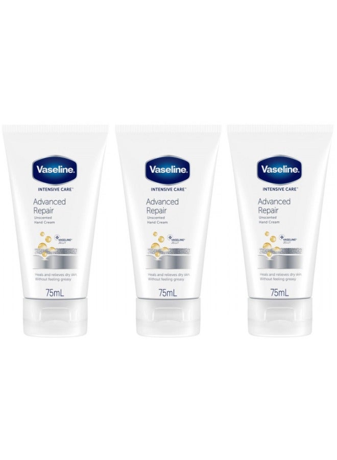 فازلين 3عبوات كريم فازلين للعناية المركزة لليدين لإصلاح متقدم، غير معطر، 75 مل - Image 1