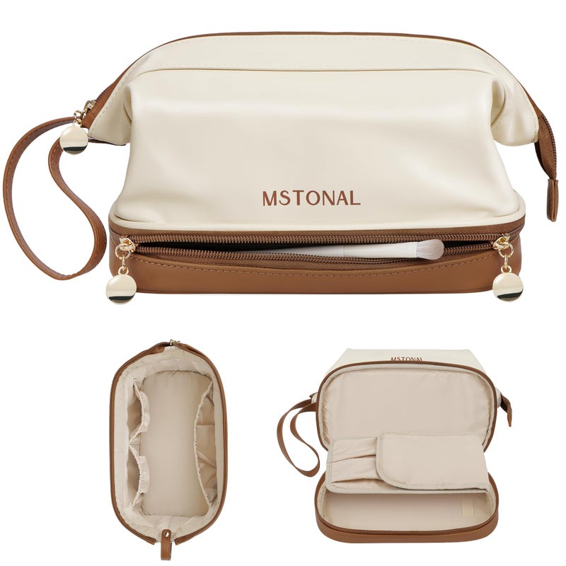 MSTONAL Travel Makeup Bag, Large Capacity Double Layer Cosmetic Bags for Women, Waterproof Portable Make Up Skincare Pouch with Makeup Brush Organizer, Toiletry Bag for Essentials, Beige & Brown - Image 1