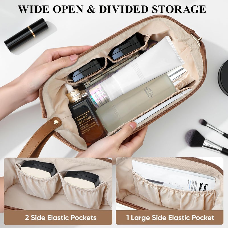 MSTONAL Travel Makeup Bag, Large Capacity Double Layer Cosmetic Bags for Women, Waterproof Portable Make Up Skincare Pouch with Makeup Brush Organizer, Toiletry Bag for Essentials, Beige & Brown - Image 2