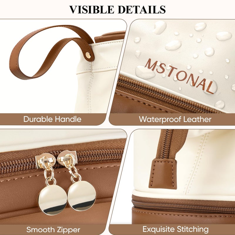 MSTONAL Travel Makeup Bag, Large Capacity Double Layer Cosmetic Bags for Women, Waterproof Portable Make Up Skincare Pouch with Makeup Brush Organizer, Toiletry Bag for Essentials, Beige & Brown - Image 3