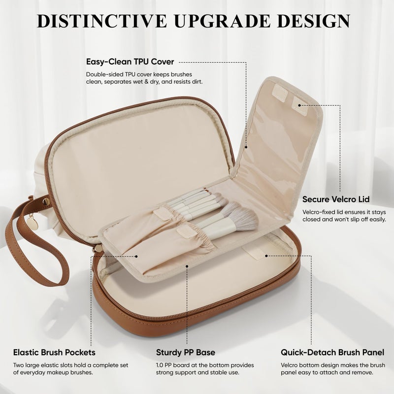 MSTONAL Travel Makeup Bag, Large Capacity Double Layer Cosmetic Bags for Women, Waterproof Portable Make Up Skincare Pouch with Makeup Brush Organizer, Toiletry Bag for Essentials, Beige & Brown - Image 4