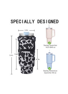 KASTWAVE Water Bottle Carrier Bag for Stanley 40 Oz Tumbler, Water Bottle Holder with Adjustable Shoulder Strap and Phone Pocket, Bottle Handbags for Walking Hiking Travelling, Cow Print  - Image 2