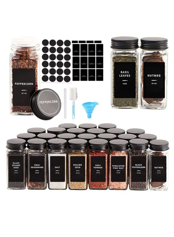 Denzoz 25 Spice Jars with 48 Labels Glass Spice Jars with Black Metal Caps 4oz Empty Spice Containers with Shaker Lids Funnel Chalk Pen Square Seasoning Bottles for Spice Rack Drawer Cabinet - Image 1