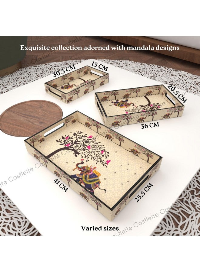 Castleite Elisa Mandala Wooden Trays for Serving & Decoration-Set of 3|Handcrafted Organizers with Cut-Out Handles |Epoxy Resin Finish-Size Small, Medium & Large (Tradivibe), rectangular - Image 4