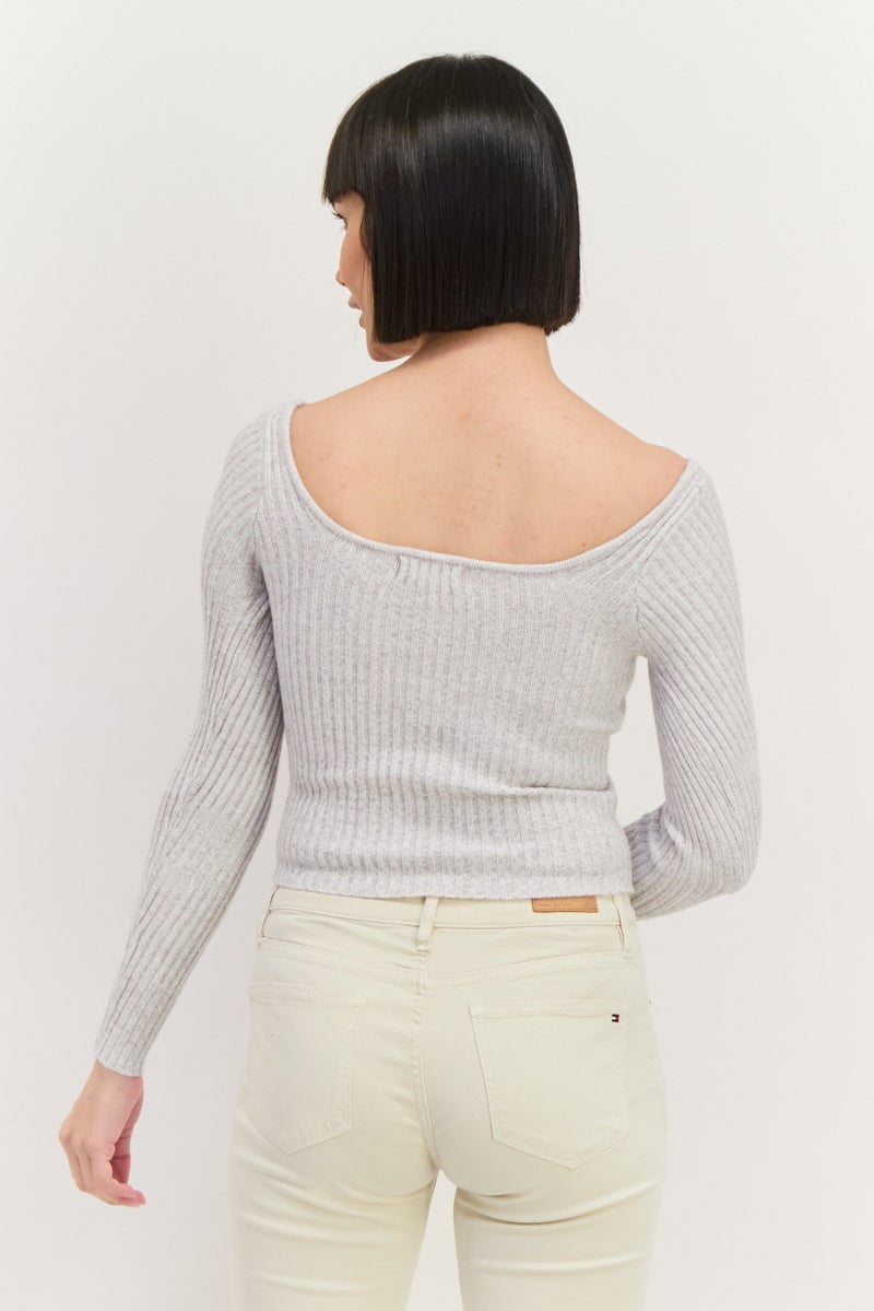 Sage The Label Women Scoop Neck Knitted Long Sleeves Sweater, Grey - Image 3