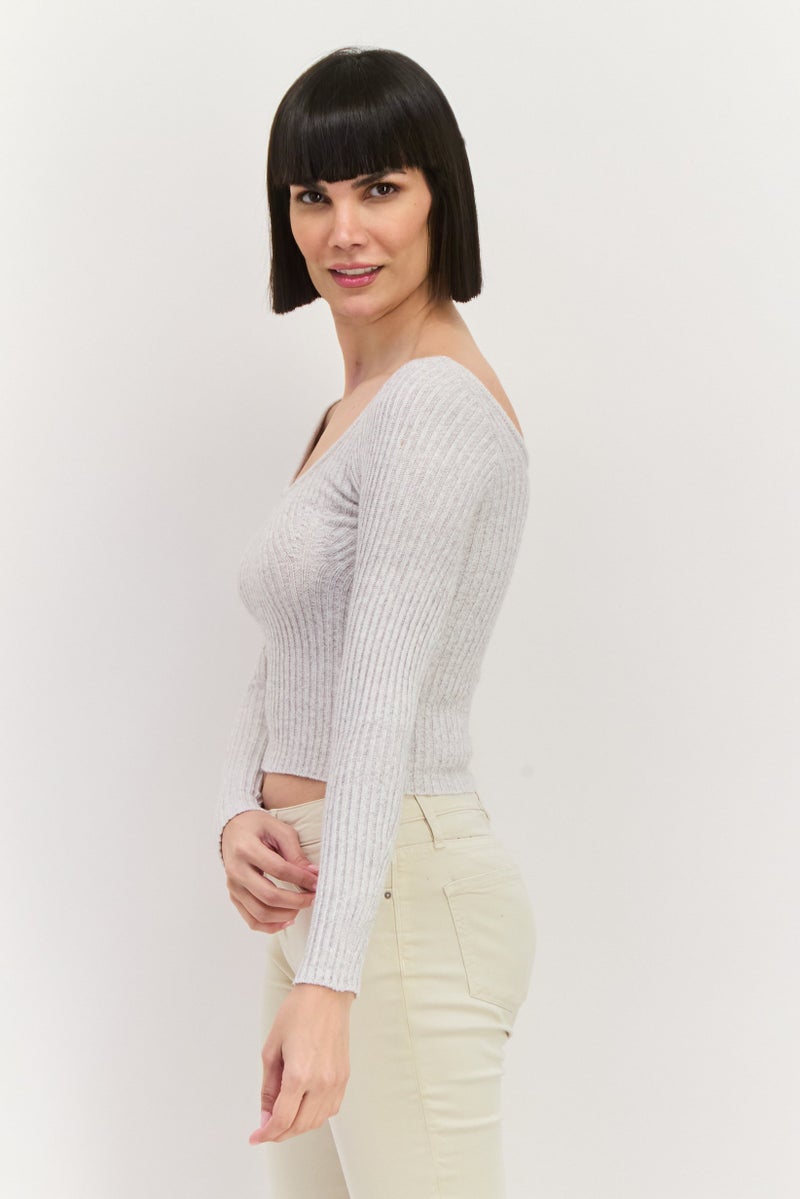 Sage The Label Women Scoop Neck Knitted Long Sleeves Sweater, Grey - Image 2