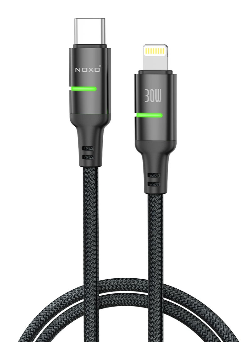 NOXO CN4 USB-C to Lightning Cable – 30W Fast Charging, Braided Nylon, LED Indicator - Black - Image 2