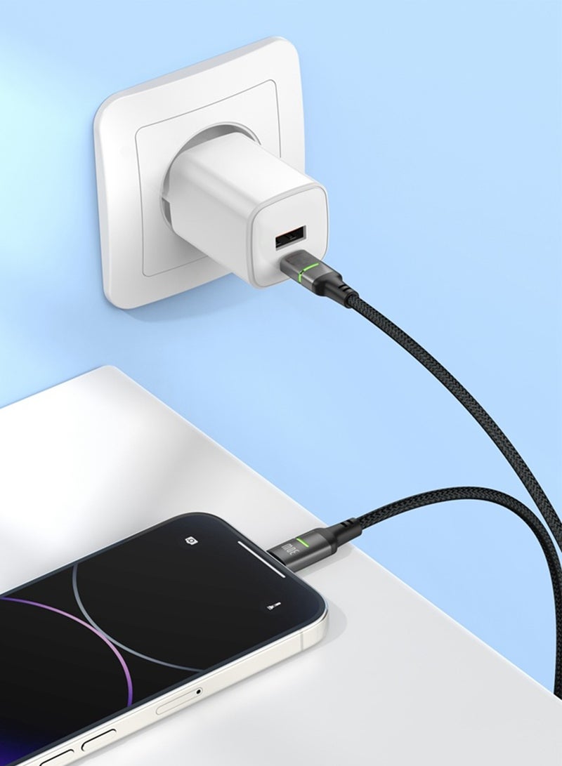 NOXO CN4 USB-C to Lightning Cable – 30W Fast Charging, Braided Nylon, LED Indicator - Black - Image 3