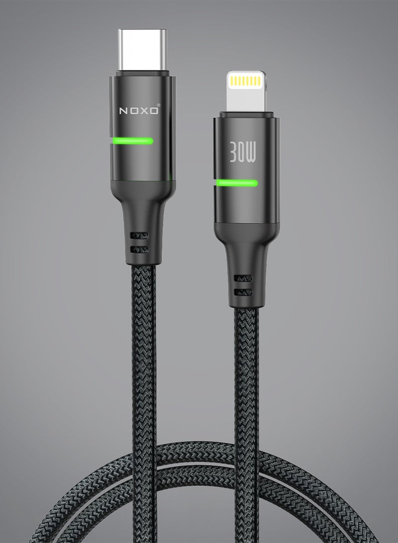 NOXO CN4 USB-C to Lightning Cable – 30W Fast Charging, Braided Nylon, LED Indicator - Black - Image 1