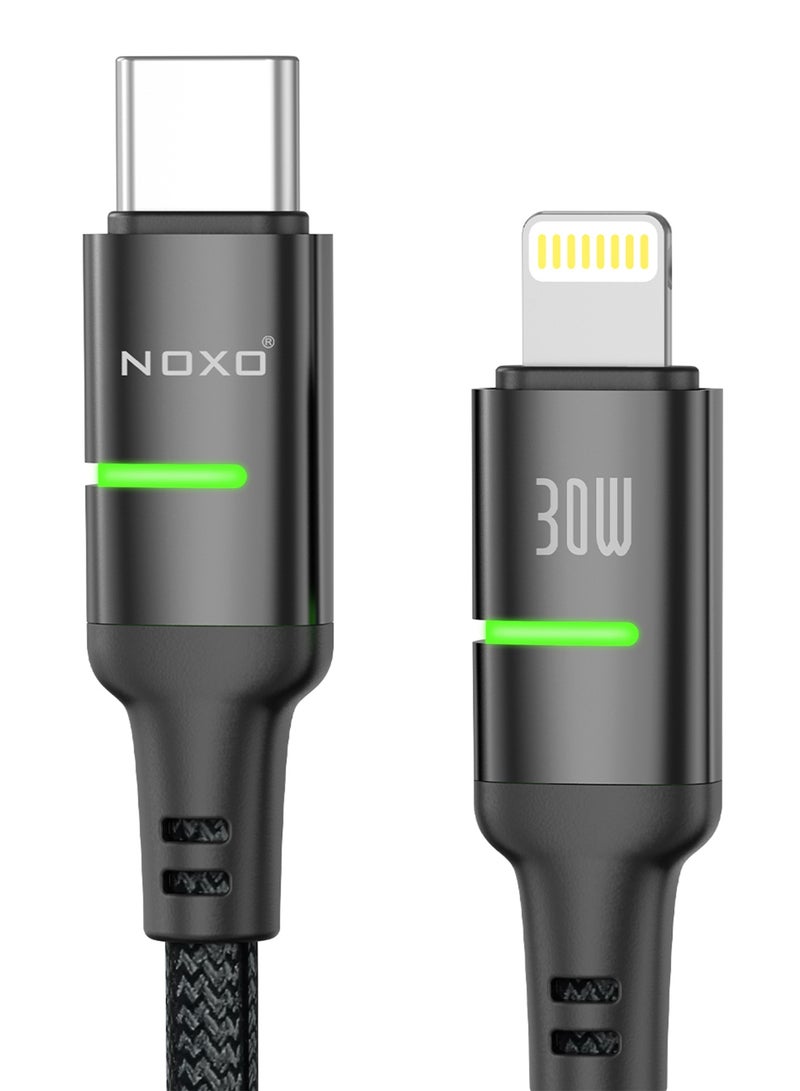 NOXO CN4 USB-C to Lightning Cable – 30W Fast Charging, Braided Nylon, LED Indicator - Black - Image 4