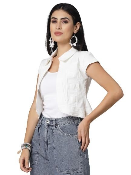 Style Quotient Women Off White Denim Open Front Regular Shrug - Image 1