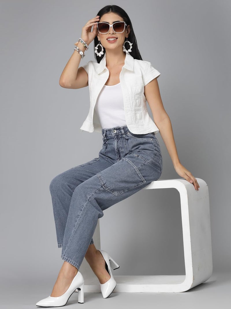 Style Quotient Women Off White Denim Open Front Regular Shrug - Image 3