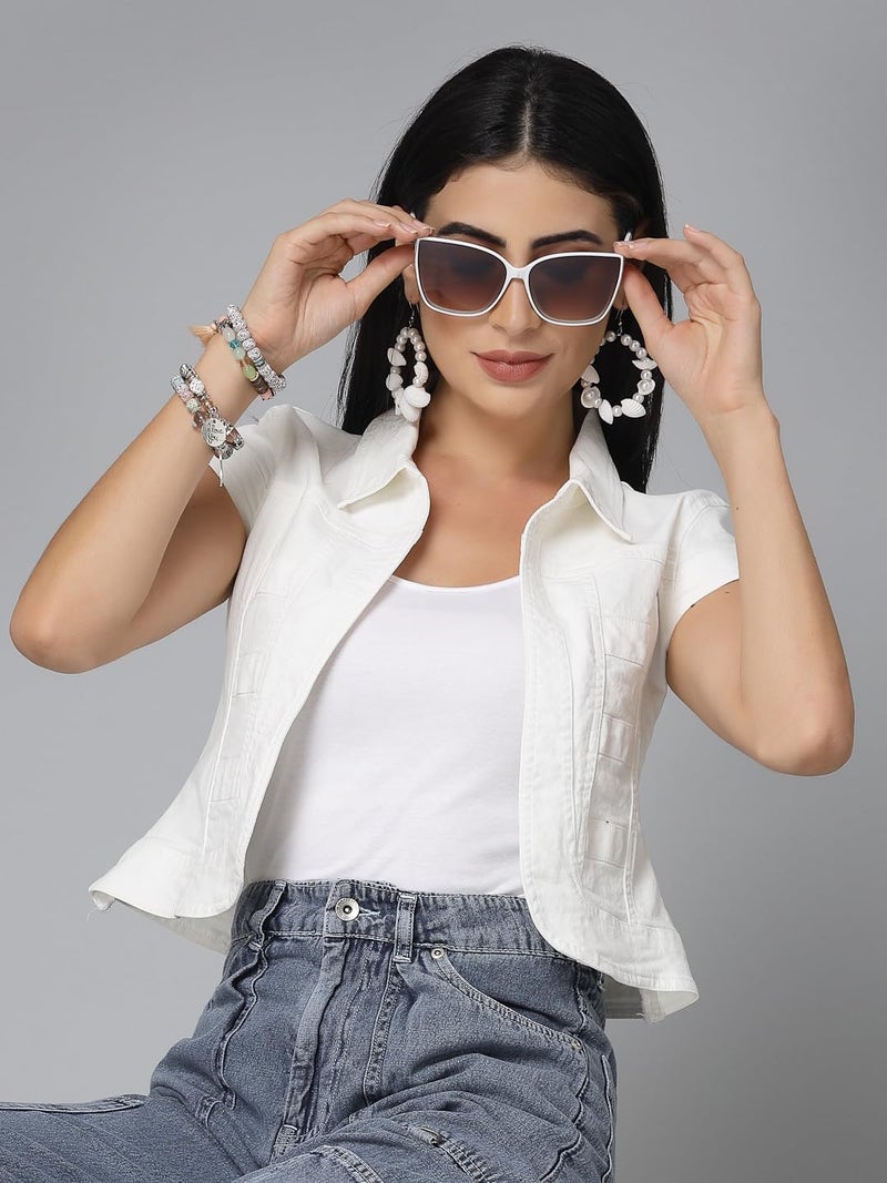 Style Quotient Women Off White Denim Open Front Regular Shrug - Image 5