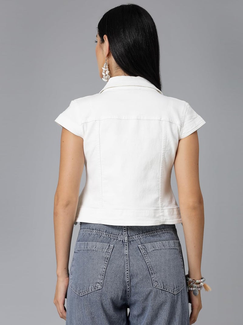 Style Quotient Women Off White Denim Open Front Regular Shrug - Image 4