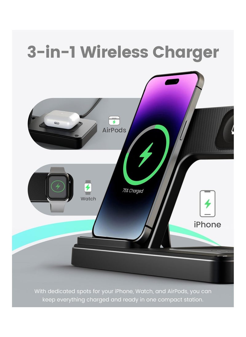 Generic - Wireless Charger iPhone Charging Station: 3 in 1 Charger Stand Multiple Devices for Apple - iPhone 15 14 Pro Max 13 12 11 - Watch 9 8 7 6 5 4 3 2 Se - Airpods 3 2 Pro - Image 1