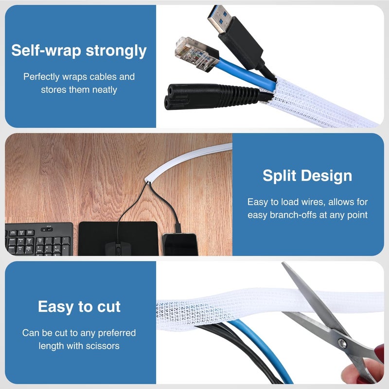 Nilight Cable Sleeve, 25ft-1/2inch Cable Management Sleeves, Braided Cable Sleeving, Split Self Wrapping Wire Loom for Computer Cable Electrical Wire Automotive Harness Protector Organizer, White - Image 3