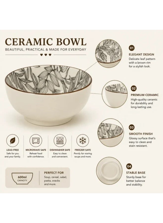 600ml Ceramic Bowl – 14cm Soup & Cereal Bowl with Elegant Botanical Interior Pattern, Premium Porcelain Serving Bowl for Soup, Pasta, Noodles, Salad, Rice & Dessert, Microwave & Dishwasher Safe - Image 3