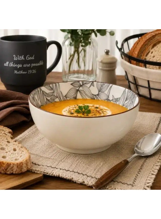 600ml Ceramic Bowl – 14cm Soup & Cereal Bowl with Elegant Botanical Interior Pattern, Premium Porcelain Serving Bowl for Soup, Pasta, Noodles, Salad, Rice & Dessert, Microwave & Dishwasher Safe - Image 2