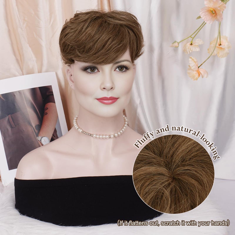 RUWISS Short Hair Toppers for Women Real Human Hair, 5x5.5 Base Pixie Cut with Bangs, Clip-In Curly Hair Pieces for Women with Thinning Hair, Brown - Image 5