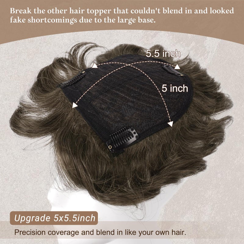 RUWISS Short Hair Toppers for Women Real Human Hair, 5x5.5 Base Pixie Cut with Bangs, Clip-In Curly Hair Pieces for Women with Thinning Hair, Brown - Image 3