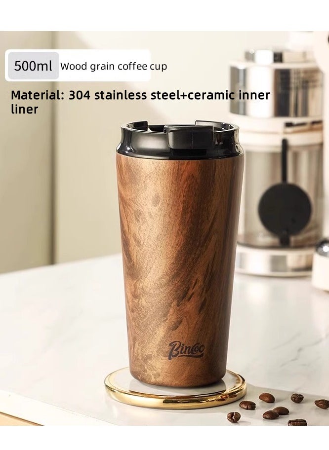 Bincoo - Premium Ceramic-Lined Thermal Coffee Travel Mug with Wood Grain Design – 500ML Leakproof Stainless Steel Vacuum Insulated Tumbler, Wide Mouth for Pour-Over Brewing, Anti-Slip Base & One-Hand Operation - Image 1