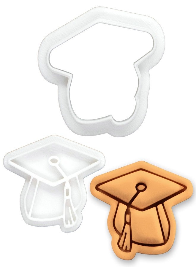 BAKERLOGY Graduation Hat Mini Cookie Cutter and Stamp Set - Cap Fondant Embosser, Graduation Party Cupcake Topper Mold for School, College & University Celebration Baking - Image 1