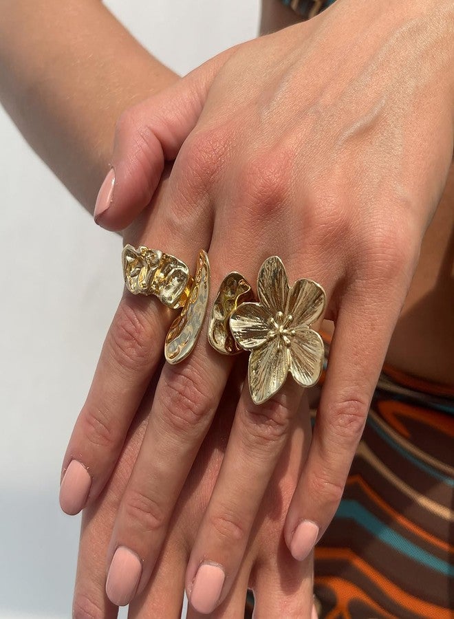Aaishwarya Gold Plated LARGE Textured Floral Stackable Ring Set of 3 | Anti-tarnish Rings for Women and Girls| Bold & Chunky Trendy Statement Jewelry | Boho Beach Accessory | Adjustable Stack Finger Rings - Image 5