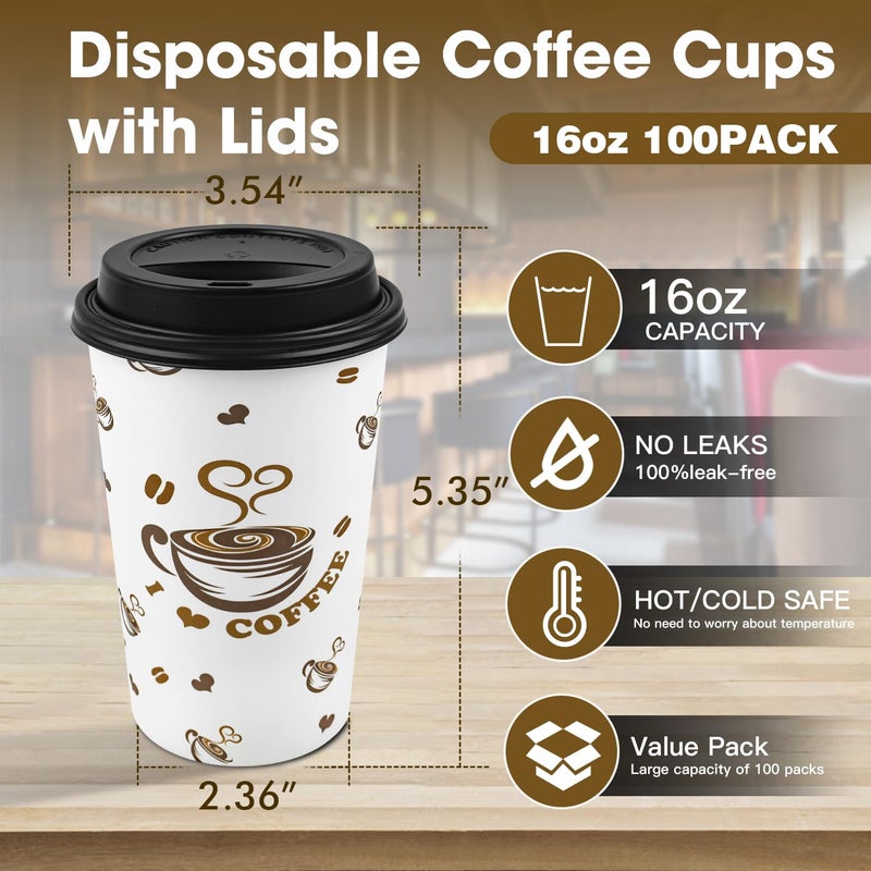 Ginkgo 100 Pack Disposable Paper Coffee Cups with Lids 16 oz  To Go Hot Cups for Hot CoCoa  Chocolate and Drinks - Image 2