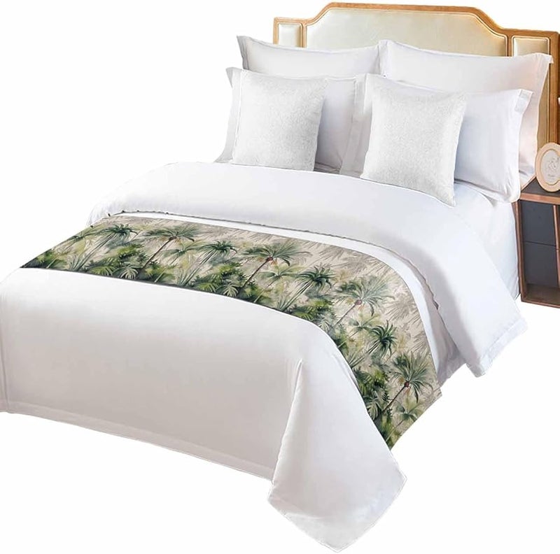 Classic Green Palm Tropical Leaves Bed Runner For Cal King Size 102x20 Inches - Image 1