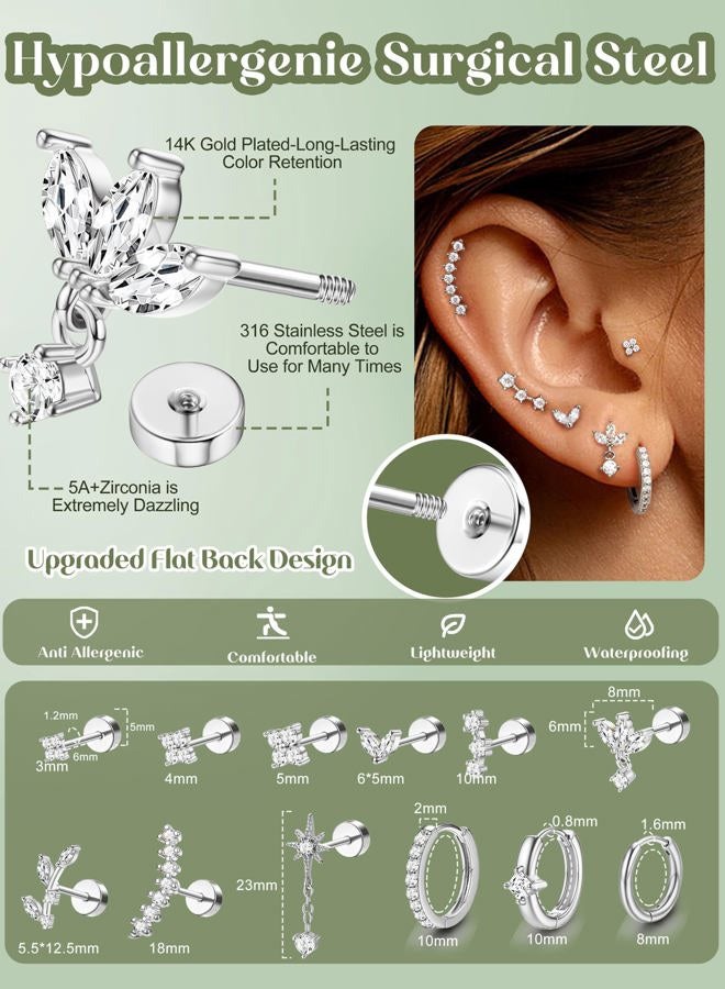 ORAZIO 16G Helix Piercing Jewelry Flat Back Cartilage Earrings for Women Hypoallergenic Surgical Stainless Steel Stud Hoop Cartilage Earring Set Daith Conch Tragus Piercing Jewelry Flatback Single Pc - Image 5