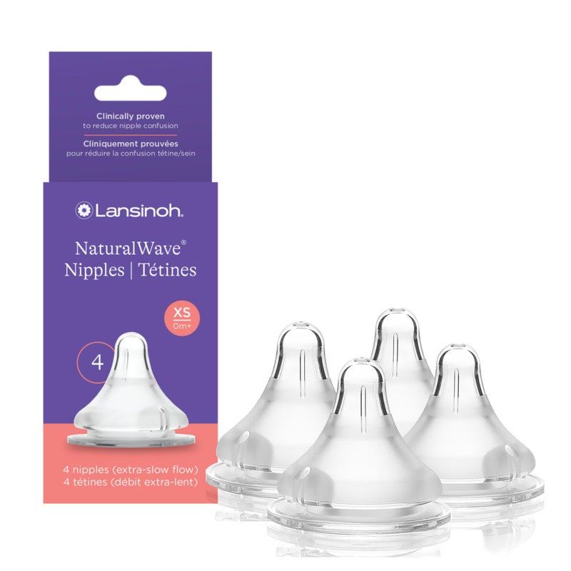 Lansinoh حلمات زجاجة الرضاعة الطبيعية من لانسينه، تدفق بطيء إضافي، حجم XS، 0+ أشهر، 4 قطع - 100% سيليكون ناعم وقوي، مصنوع بدون BPA وBPS، مضاد للمغص، يدعم تطور فم وأسنان الطفل - Image 1