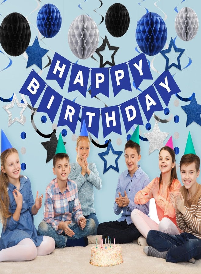 زينة عيد ميلاد رائعة باللونين الأزرق والأسود - لافتة عيد ميلاد سعيد مع كرة على شكل خلية نحل، وشريط متدلي على شكل نجمة، وزينة دائرية منقطة - زينة حفلات عيد ميلاد للرجال والأولاد والنساء - Image 5