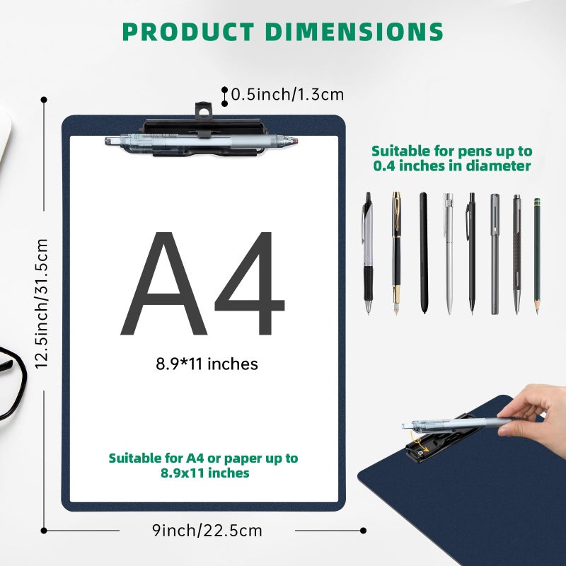 FRETONBA Blue Clipboard with Pen Holder, 2 Pack Plastic Clipboard with Low Profile Metal Clip, Hanging Clip Boards Holds 8.5x11 Inch Papers, Standard A4 Letter Size Clip Boards for Office & School - Image 2