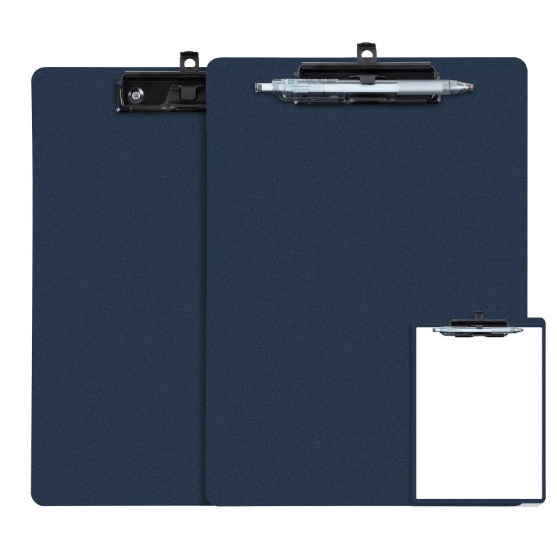 FRETONBA Blue Clipboard with Pen Holder, 2 Pack Plastic Clipboard with Low Profile Metal Clip, Hanging Clip Boards Holds 8.5x11 Inch Papers, Standard A4 Letter Size Clip Boards for Office & School - Image 1