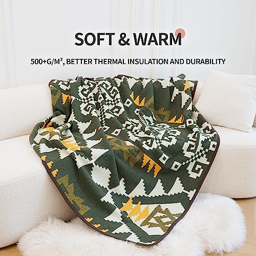 ACUSHLA Merino Wool Blanket - Soft Warm Thick Bed Couch Camp Outdoor Sleeping Blanket Throw All Weather, Aztec Style Green 63" x 51" - Image 3
