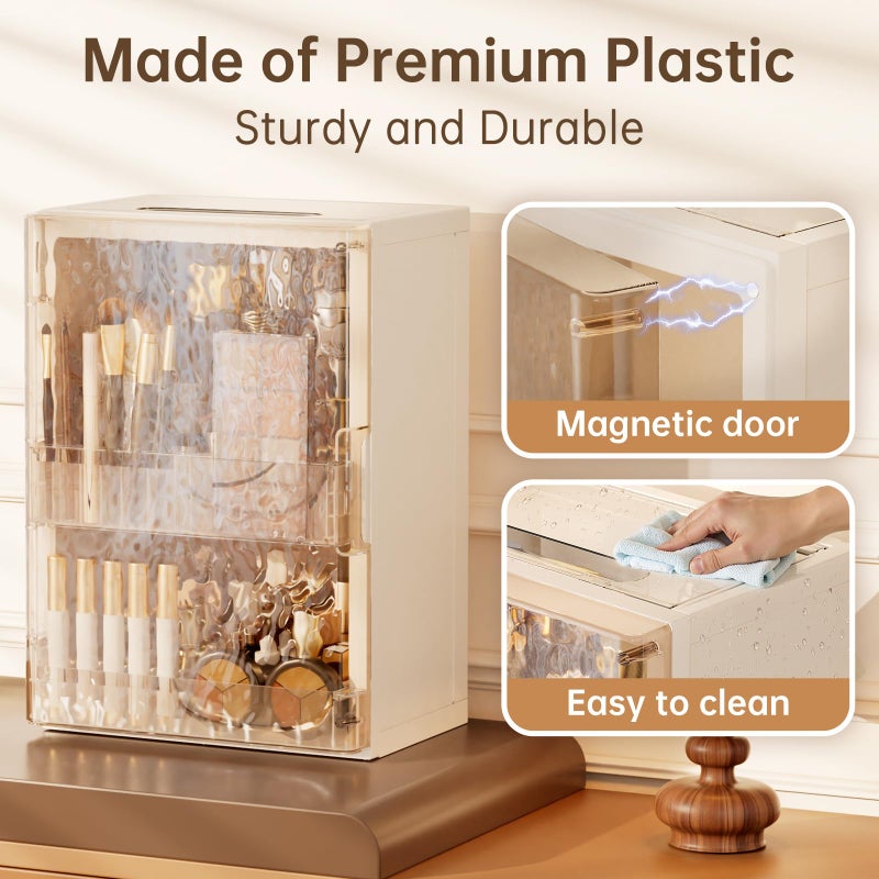 HAIXIN Makeup Organizer with Drawer & Brush Holder, Plastic Cosmetic Display Cases, Large Vanity Organizer Countertop Waterproof for Skincare, Perfume, Bathroom & Dresser (White & Amber) - Image 5