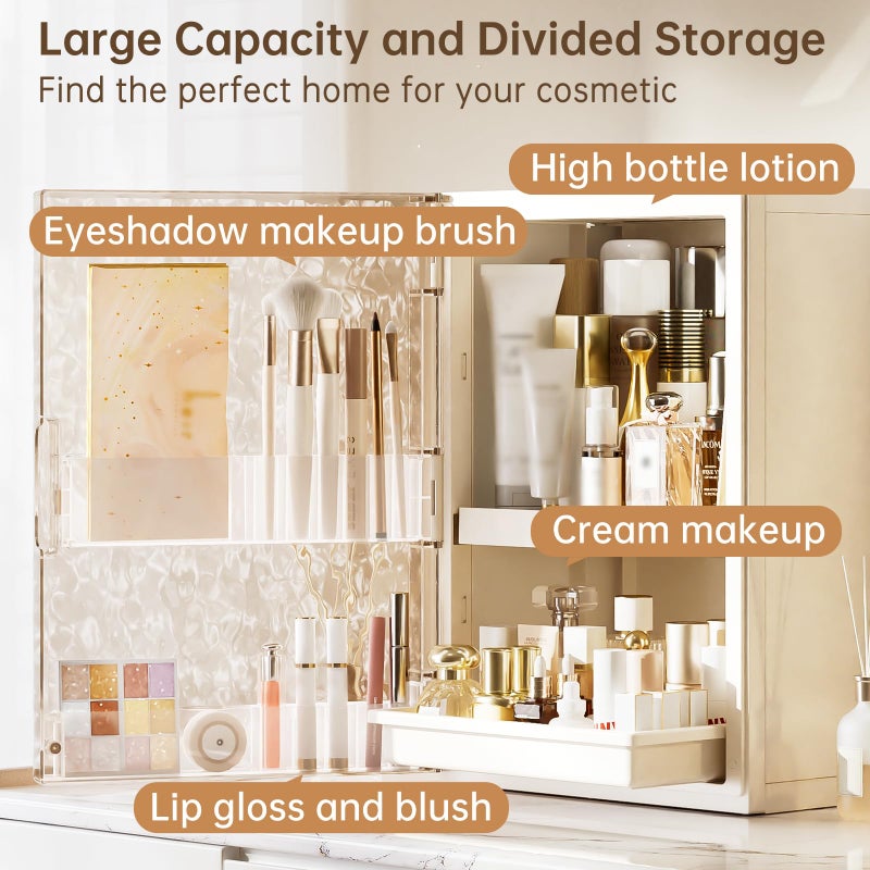 HAIXIN Makeup Organizer with Drawer & Brush Holder, Plastic Cosmetic Display Cases, Large Vanity Organizer Countertop Waterproof for Skincare, Perfume, Bathroom & Dresser (White & Amber) - Image 2