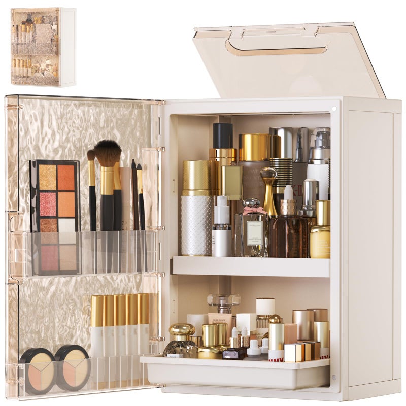 HAIXIN Makeup Organizer with Drawer & Brush Holder, Plastic Cosmetic Display Cases, Large Vanity Organizer Countertop Waterproof for Skincare, Perfume, Bathroom & Dresser (White & Amber) - Image 1