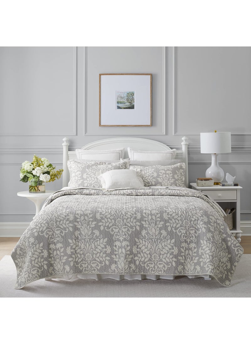 LAURA ASHLEY Laura Ashley Rowland Collection 100 Cotton Reversible All Season Bedding with Matching Sham PreWashed for Added Comfort Queen Gray 