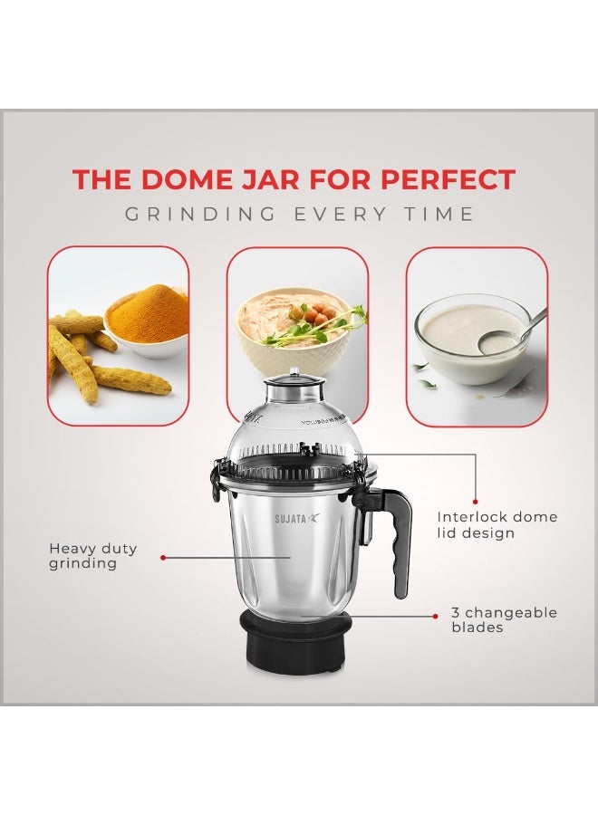 Sujata Dynamix Mixer Grinder|900 Watts Double Ball Bearing Motor|22000 RPM|Non-Stop 90 Mins Running|3 Food Grade Steel Jars - 1500ml Multipurpose, 1000ml Grinder, 500ml Chutney Jar|Black - Image 4