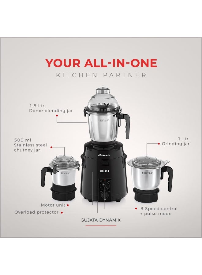 Sujata Dynamix Mixer Grinder|900 Watts Double Ball Bearing Motor|22000 RPM|Non-Stop 90 Mins Running|3 Food Grade Steel Jars - 1500ml Multipurpose, 1000ml Grinder, 500ml Chutney Jar|Black - Image 3