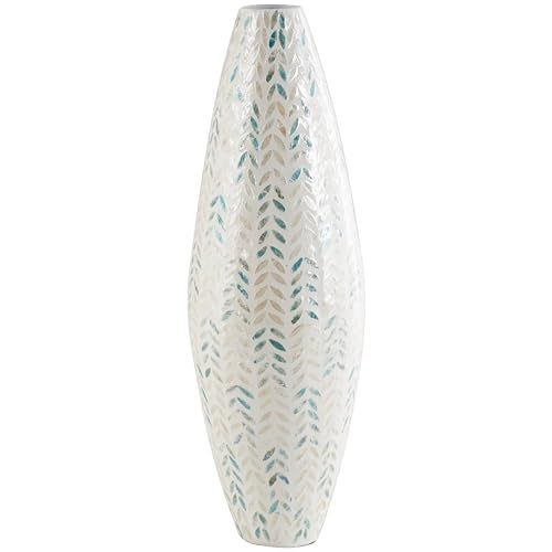 Deco 79 Mother of Pearl Shell Handmade Decorative Vase Tall Mosaic Centerpiece Vase with Blue Accents Flower Vase for Home Decoration 10 x 10 x 33 Cream