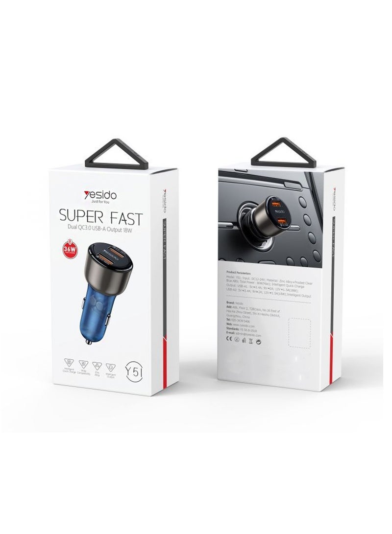Yesido Y51 Super Fast Charger Dual Port PD Fast Charging 36W Max Charger - Black/Blue - Image 1