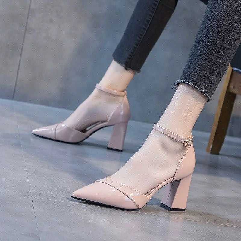 Style Shallow Pointed-Toe High Heels Fashion Versatile Single Shoes With Thick Heels, Hollow Design, Non-Slip, Height-Increasing Work Shoes - Image 1