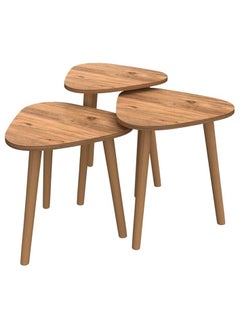 woodx A set of three tables made from pine wood, including a round table with a wooden surface. This set is perfect for adding a touch of elegance to your living room or home office.  - Image 1