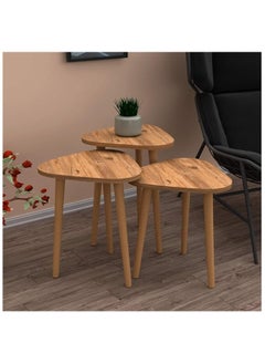 woodx A set of three tables made from pine wood, including a round table with a wooden surface. This set is perfect for adding a touch of elegance to your living room or home office.  - Image 5
